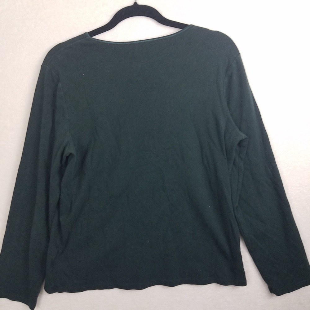J Jill Long Women's L Sleeve Compassion Tee shirt Dark Green satin trim - Picture 2 of 5